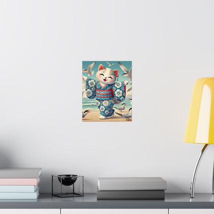 🌊🐱 Geisha Kitten by the Seaside Matte Vertical Poster – Coastal Charm & Ocean Breeze