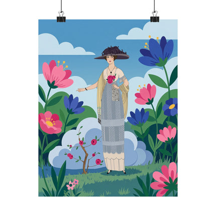 🌹🌤️ The Lady Of The Rose Garden Promenade Matte Vertical Poster – Art Deco Fashion Illustration