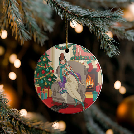 🖤🔥 The Lady Of The Christmas Hearth Ceramic Ornament – Art Deco Holiday Elegance