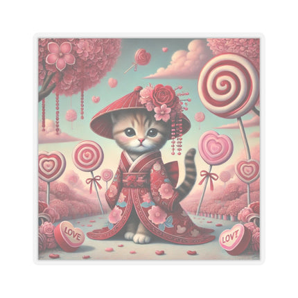 Whimsical Geisha Kitten in a Valentine Garden Kiss-Cut Stickers (4 Sizes)