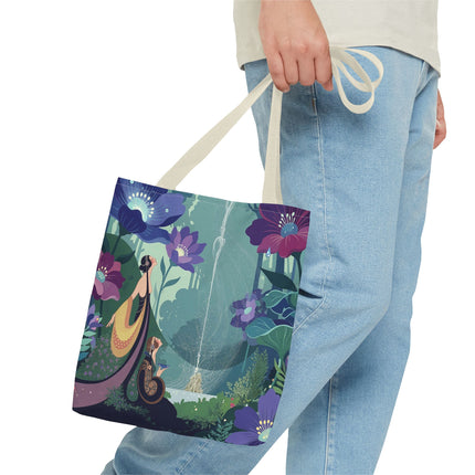 💧🌺 The Lady Of The Enchanted Fountain Tote Bag – Art Deco Garden Fantasy