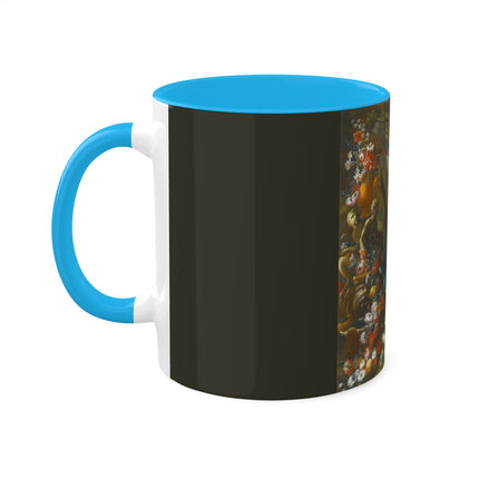 Still Life With Birds Beside An Ornate Fountain by Nicola Casissa Colorful Mugs, 11oz