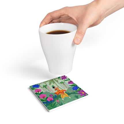 🦜🌺 The Parrot Dancer Ceramic Coaster – Art Deco Tropical Whimsy