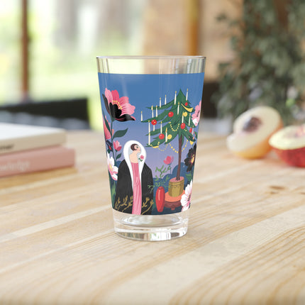 🌹🎄 The Lady Of The Candlelit Rose Tree Pint Glass – Art Deco Christmas Garden