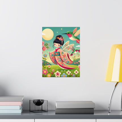 🧚🌺 Geisha Fairy and the Hummingbird Blossom Matte Vertical Poster – Grace, Wonder & Floral Magic