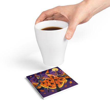 🐈‍⬛🎃 The Black Cat Witch Of Pumpkin Manor Ceramic Coaster – Whimsical Halloween Charm