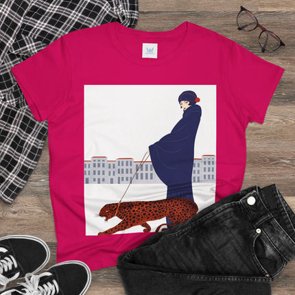 🐆🖤 The Lady With The Leopard Cotton Tee – Art Deco Fashion Illustration