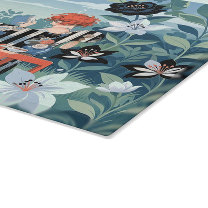 📚🌹 The Red-Haired Reader Glass Cutting Board – Art Deco Floral Garden