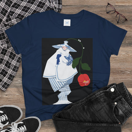 Blue & White Porcelain Geisha Women's Midweight Cotton Tee – Refined Elegance & Timeless Charm