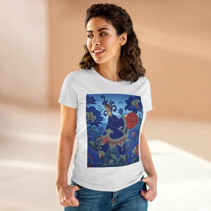 💙🌺 The Imperial Blue Garden Cotton Tee – Art Deco Oriental Elegance