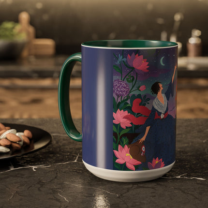 The Lady And The Morning Song Colorful Mugs – Art Deco Botanical Elegance