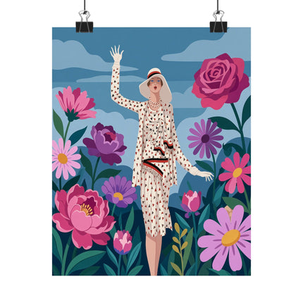 🌸👒 The Lady Of The Grand Flower Garden Matte Vertical Poster – Art Deco Fashion Illustration