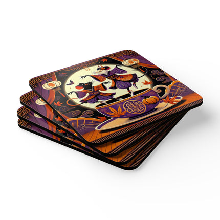 Theatrical Halloween Kabuki Mice on Teacup Corkwood Coaster Set