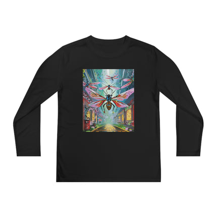 Neon Swarm Youth Long Sleeve Competitor Tee – Cyberpunk Flight & Futuristic Energy