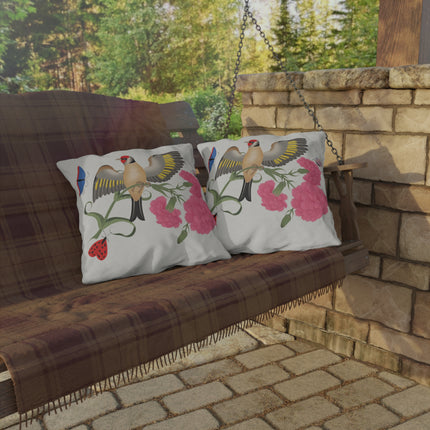 Goldfinch & Pink Flowers Outdoor Pillows – Vibrant Spring & Delicate Beauty