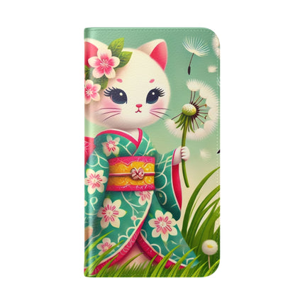 🌾🌼 Geisha Kitten and the Dandelion Wish Flip Case – Gentle Wishes & Quiet Wonder