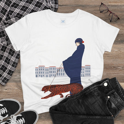 🐆🖤 The Lady With The Leopard Cotton Tee – Art Deco Fashion Illustration
