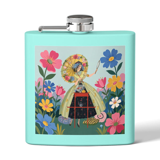 🌸🪞 The Floral Parasol Reflection Flask – Art Deco Garden Fantasy