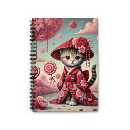Whimsical Geisha Kitten in a Valentine Garden Spiral Notebook - Ruled Line