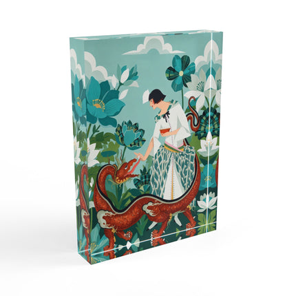 🐉🌿 The Lady Of The Enchanted Dragon Acrylic Art Block – Art Deco Botanical Whimsy