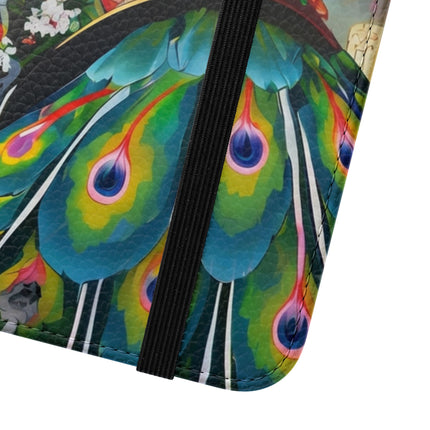 🦚🌸 Techno Plumes Peacock Flip Case – Neon Elegance & Sakura Dreams