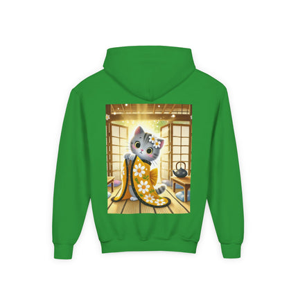 Playful Kitten in the Tea Room Youth Hooded Sweatshirt – Curiosity, Charm & Cozy Comfort