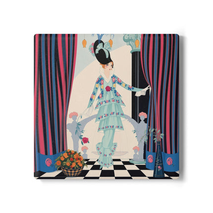 🌹🎭 The Lady Between The Curtains Ceramic Coaster – Art Deco Floral Theatre