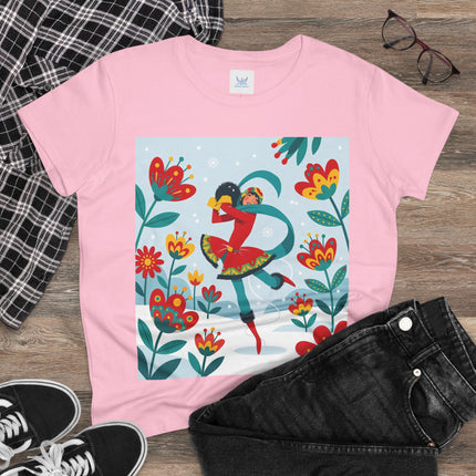 ⛸️🌺 The Winter Flower Skater Cotton Tee – Whimsical Winter Fashion