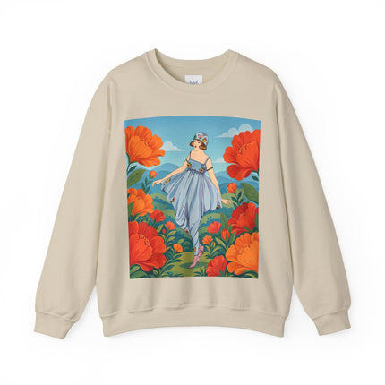 🌺🩵 The Poppy Hill Promenade Crewneck Sweatshirt – Art Deco Fashion Whimsy