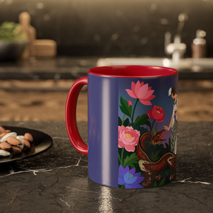 The Lady And The Garden Dragon Colorful Mugs – Art Deco Mythical Botanical Elegance