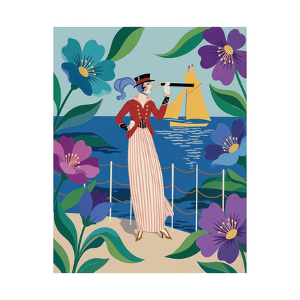 🌊🔭 The Lady Of The Seaside Lookout Matte Vertical Poster – Art Deco Nautical Whimsy
