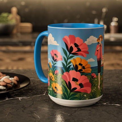 🌸⛵ The Seaside Blossom Promenade Colorful Mug – Art Deco Coastal Elegance