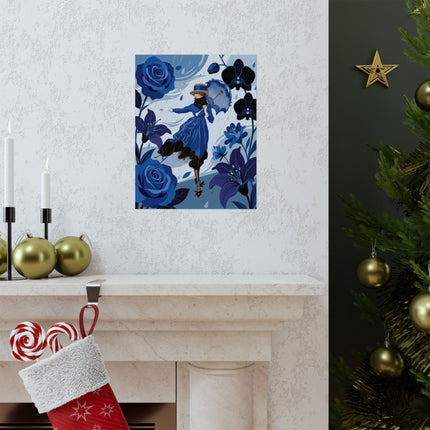 ☔💙 The Lady Of The Blue Rain Matte Vertical Poster – Art Deco Floral Whimsy