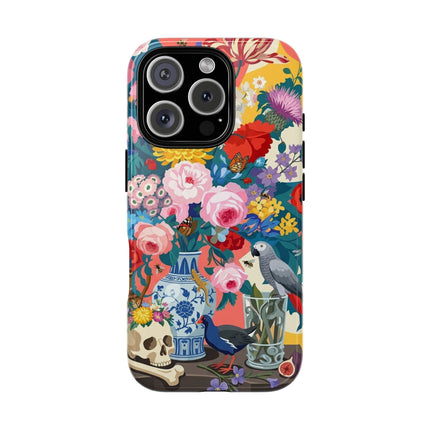 Floral Vanitas Phone Case – Parrot & Porcelain Splendor