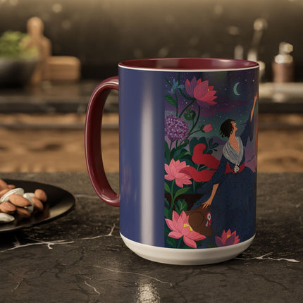 The Lady And The Morning Song Colorful Mugs – Art Deco Botanical Elegance