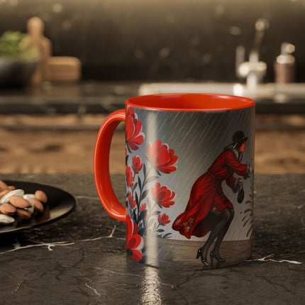 ☔🌹 The Scarlet Rainstorm Promenade Colorful Mug – Art Deco Motoring Elegance