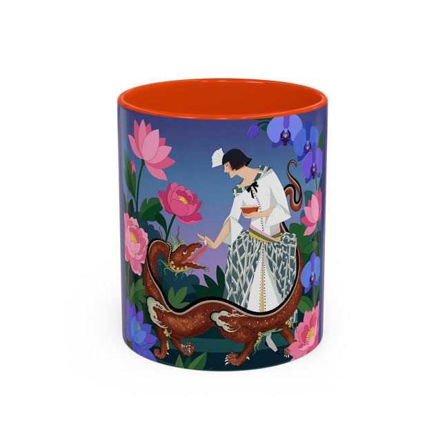 The Lady And The Garden Dragon Colorful Mugs – Art Deco Mythical Botanical Elegance