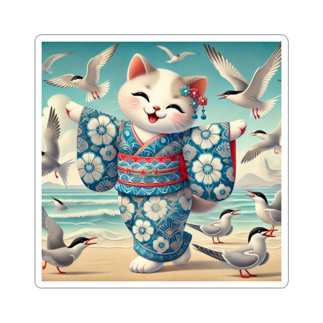 🌊🐱 Geisha Kitten by the Seaside Kiss-Cut Sticker – Coastal Charm & Ocean Breeze