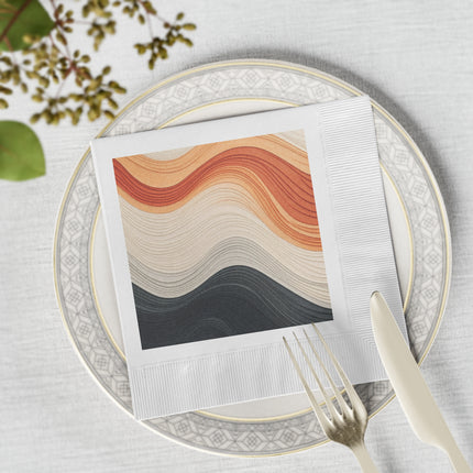 Wave Pattern in Hues of Beige, Orange, Grey, and Black White Coined Napkins