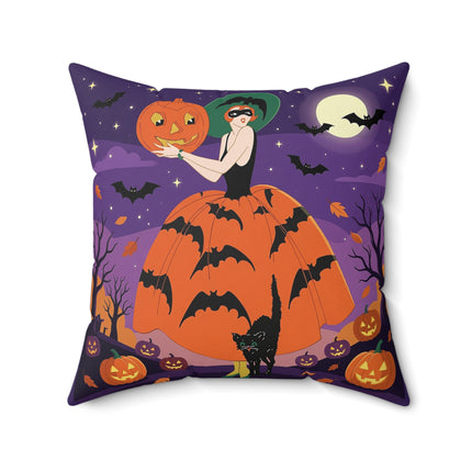🎃🌕 The Pumpkin Moon Enchantress Square Pillow – Elegant Halloween Masquerade