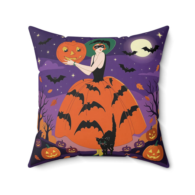 🎃🌕 The Pumpkin Moon Enchantress Square Pillow – Elegant Halloween Masquerade