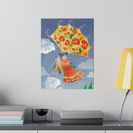 Flight of Blossoms – Whimsical Girl with Kite