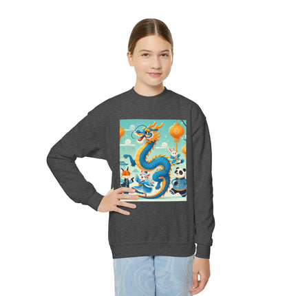 Blue & Gold Dragon Festival Parade Youth Crewneck Sweatshirt – Celebration, Color & Joyful Movement