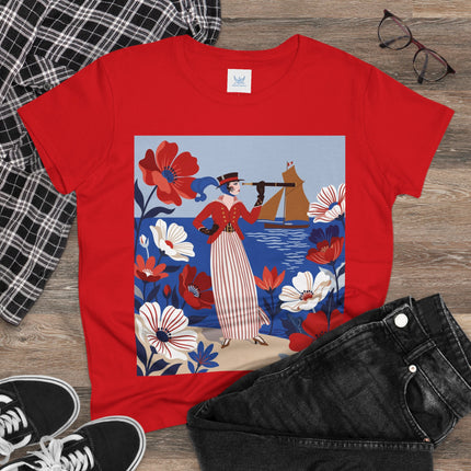 ⚓🌺 The Seaside Flower Adventurer Cotton Tee – Art Deco Nautical Fashion
