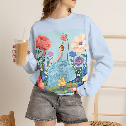 🌸🩵 The Blue Ruffle Garden Crewneck Sweatshirt – Art Deco Floral Whimsy