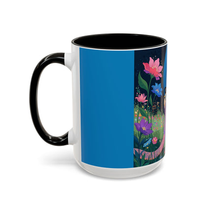 The Lady And The Moonlit Peak Colorful Mugs – Art Deco Alpine Garden Elegance