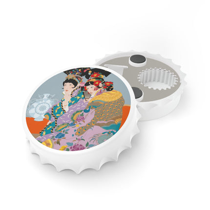 Two Geishas in Peacock Kimonos Bottle Opener – Timeless Elegance & Sisterly Grace