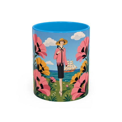 🌸⛵ The Seaside Blossom Promenade Colorful Mug – Art Deco Coastal Elegance