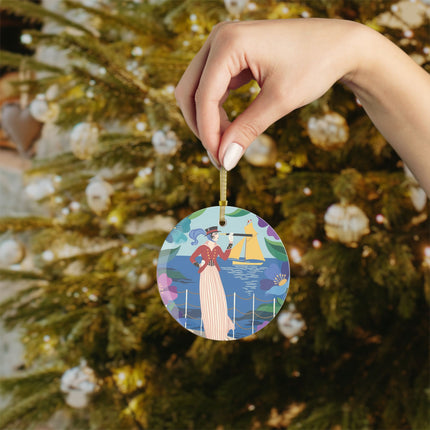 ⛵🌺 The Lady Of The Golden Horizon Glass Ornament – Art Deco Coastal Elegance