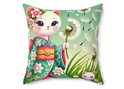 Geisha Kitten and the Dandelion Wish Spun Polyester Square Pillow